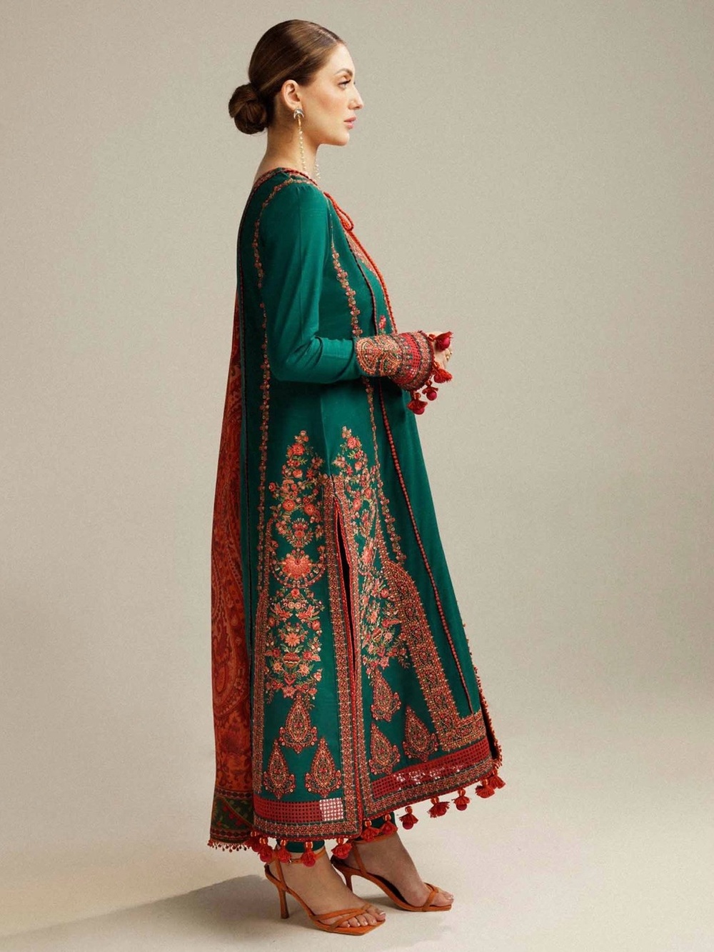 Elegant Green & Orange Embroidered Long Sleeve Dress - Picture 2 of 10
